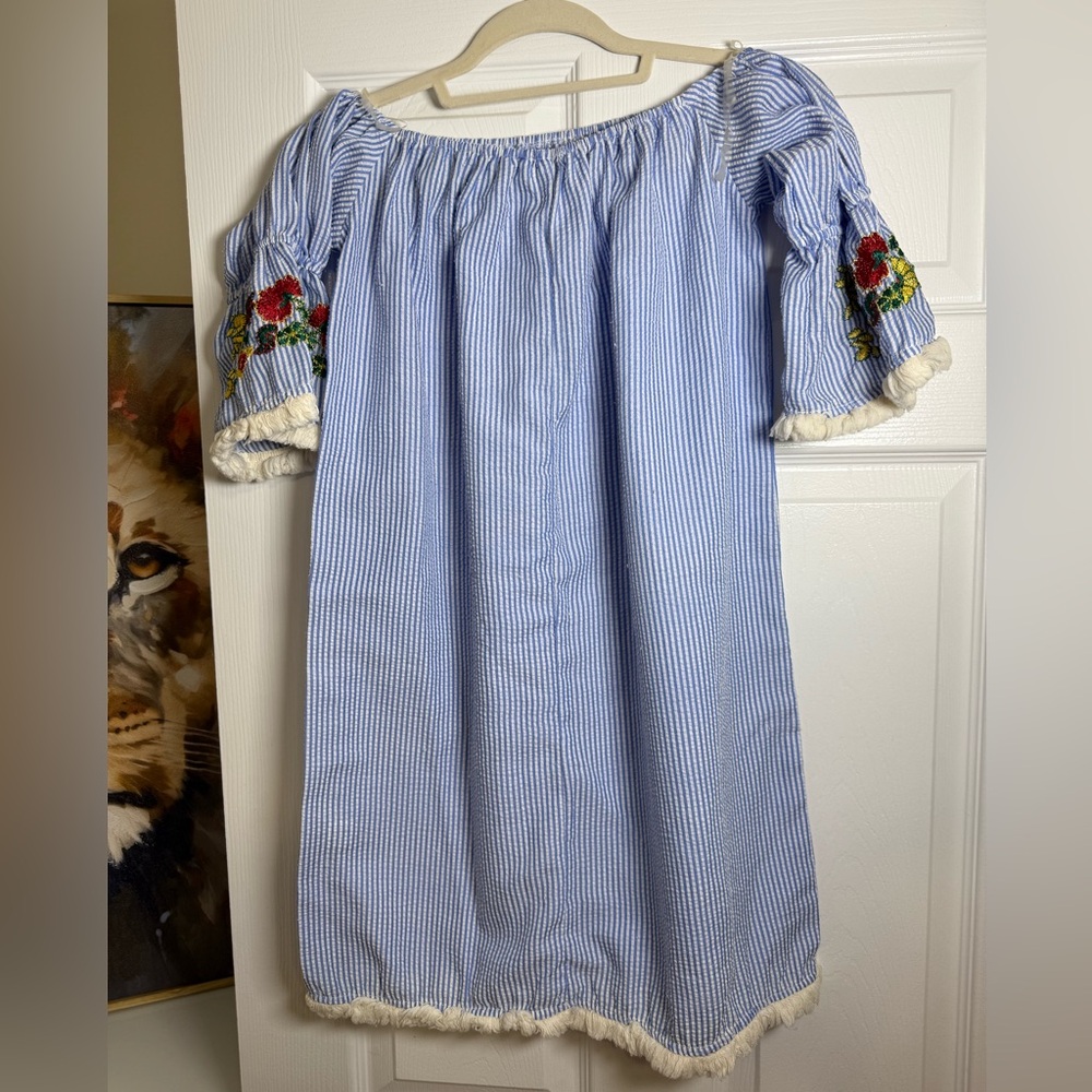 Blue and White Striped Off-Shoulder Dress with Floral Sleeve Embroidery